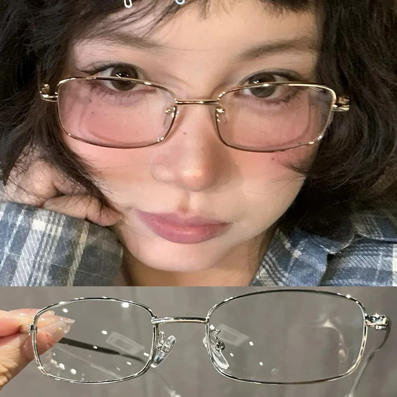 Harajuku Y2K خمر إطار مربع صغير نظارات للنساء الرجال النظارات المعدنية واضح نظارات للقراءة الضوء الأزرق حجب النظارات #1