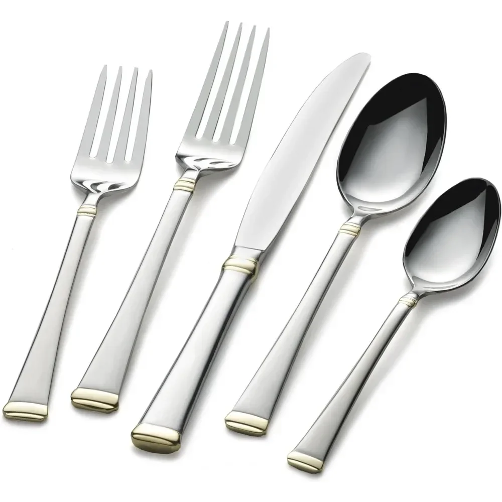 65-Piece Stainless Steel Flatware Set With Serveware Gold-Accent Dishes Sets Full Set Service for 12 Spoons Complete Tableware