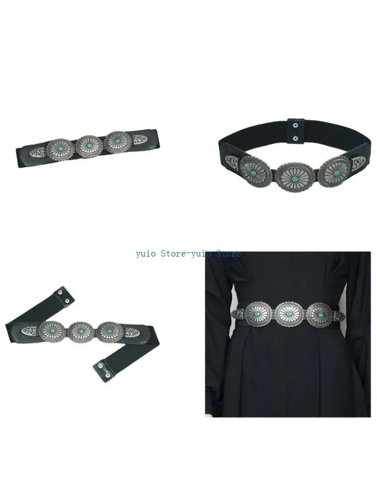 

X7XB Ladies Leather Carved Turquoise Buckle Waist Corset for Banquet Women Dress Belt