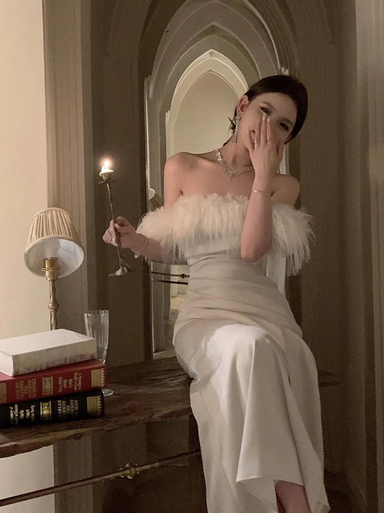 

Элегантное вечернее платье миди на одно плечо с высокой талией, на молнии, с меховыми элементами, для дня рождения, в стиле принцессы