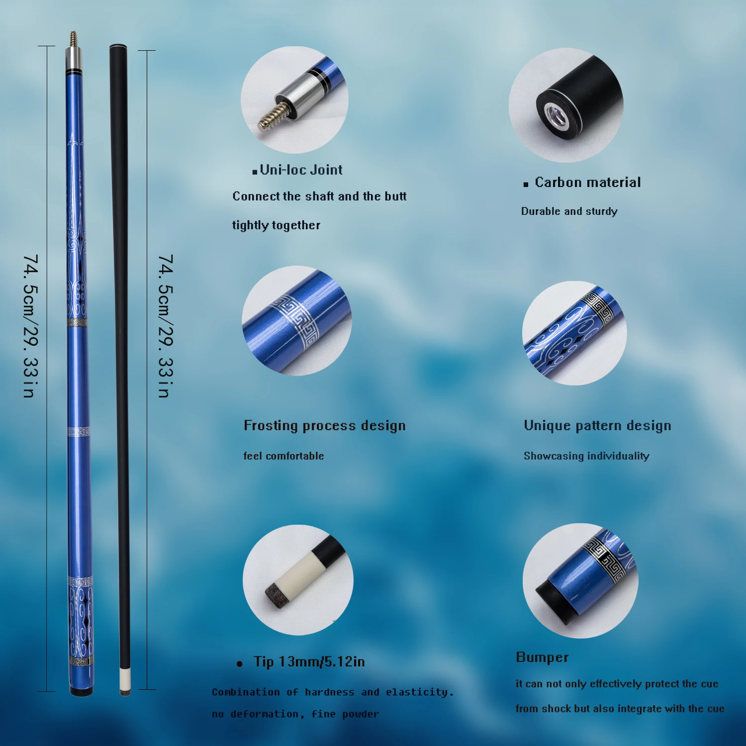 Kohlefaser-Pool-Cue mit Anti-Shock-Griff-Karam-Billard 9 Kugelstich-Stick-Set mit Gehäuse 13mm Spitze