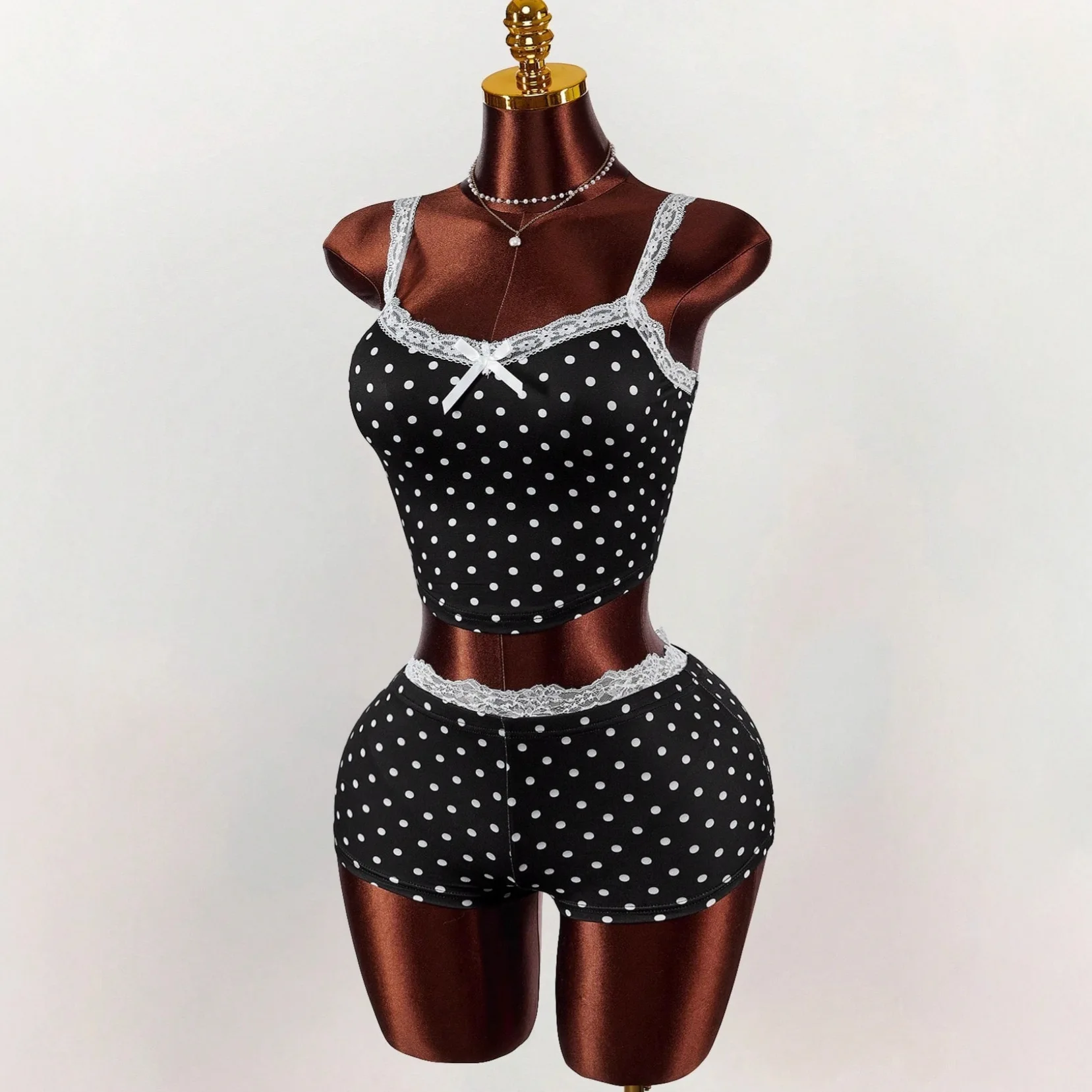 

New Pure-desire Style Slim-fit Sexy Lace Spliced Polka Dot Print Camisole And Shorts Set
