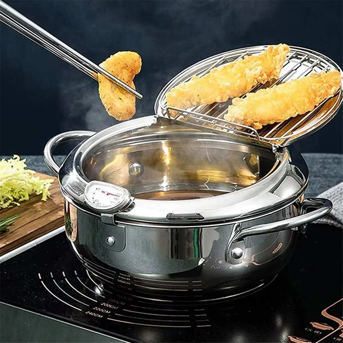 

JLMC 304 Stainless Steel Kitchen Tempura Fryer Pan Japanese Deep Frying Pot with A Thermometer and A Lid
