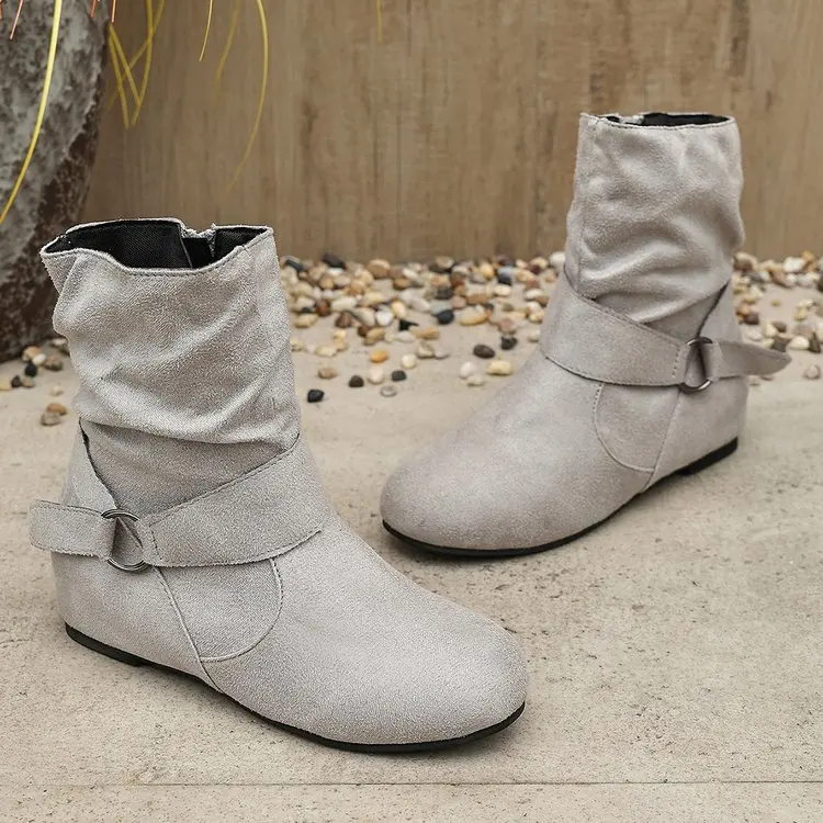 Damen-Stiefeletten mit runder Zehenpartie, verstellbarem Schnallenriemen, seitlichem Reißverschluss, flacher, rutschfester Sohle, lässiges Alltagsschuhwerk für Herbst und Winter – Detail 12