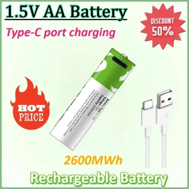 

New 2-8PCS 1.5V AA 2600MWh USB Type-C Rechargeable Li-ion Battery for Remote Control Mouse Small Fan Electric Toy Battery