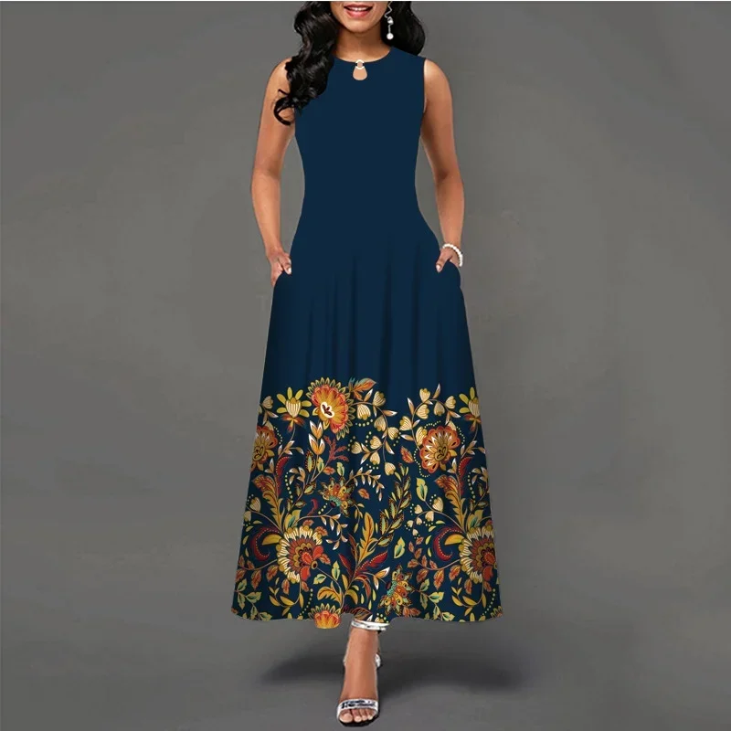 

Gold print romantic luxury dress Women's V-neck cuff pocket long dress