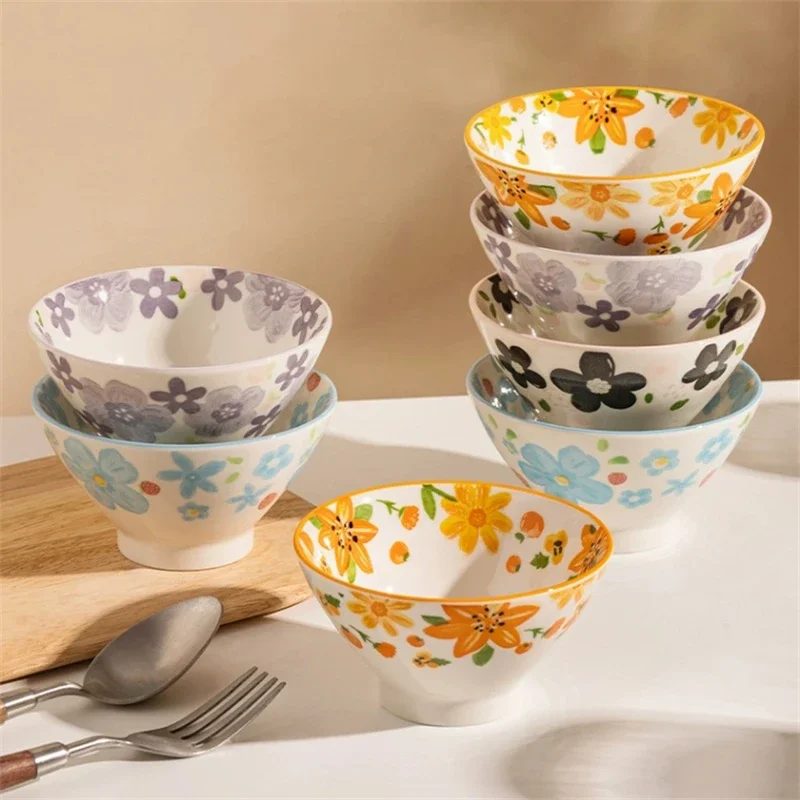 Printing 4.5inch Hand-Painted Ceramic Soup Bowl Large Capacity Instant Noodles Bowl Home Tableware Decorative Bowl High Suit