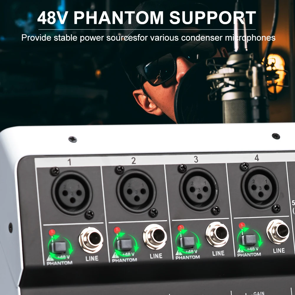 LEUS MX6 Channel 99 DSP Effect Audio Mixer Record PC 48V Phantom Power USB Sound Mixers Bluetooth DJ Console Mixing for Karaok