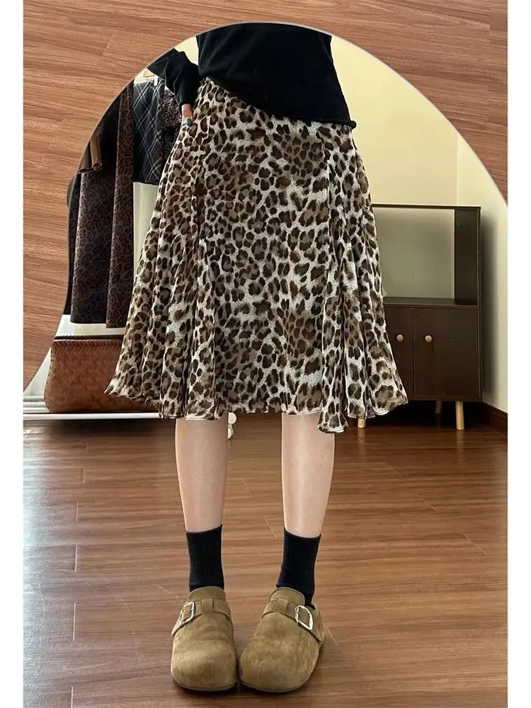 

Шикарная женская юбка А-силуэта с завышенной талией, весенне-осенняя, с леопардовым принтом, повседневная плиссированная юбка миди