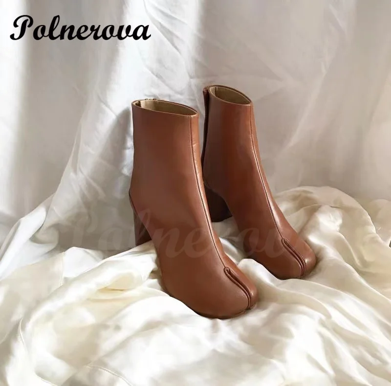 Botas de salto alto de toe dividido para mulheres, salto ferradura, couro, branco, preto, couro, pés de porco, botas de lantejoulas de tubo médio