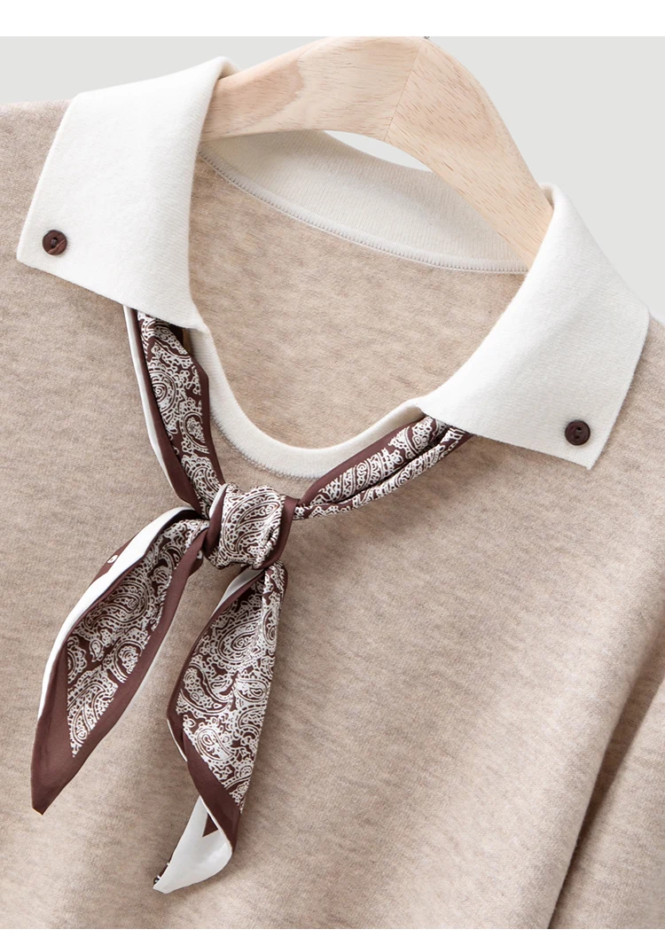 ML62115 Damen-Pullover mit Polokragen, Langarm, Strickpullover mit Kontrastkragen, Modal-Mischung mit Schal, lässiger Pullover für den Frühherbst – Detail 12