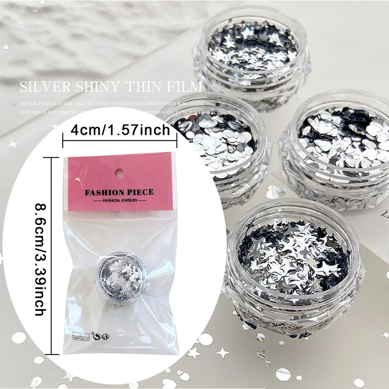 1 Jar Silver Ultrathin Glitter Powder Sequin Geometric Heart Round Star Nail Art Shiny Accessories Decorations Manicure Tool Who