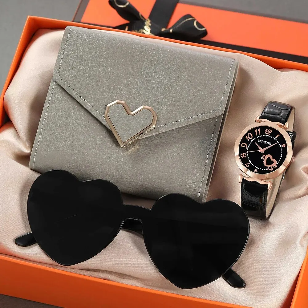 3PCS Set Women Casual Leather Watches Quartz Wristwatches & Ladies Simple Wallet Glasses Sunglasses Dress Clock Montre Femme