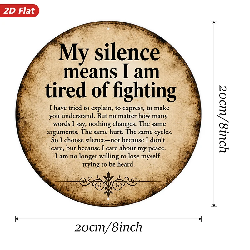 2D Flat, 1pc Peace Quote Round Metal Sign Wall Art, My Silence Means I Am Tired Message, Vintage Style Home Decor, Rustic Inspir