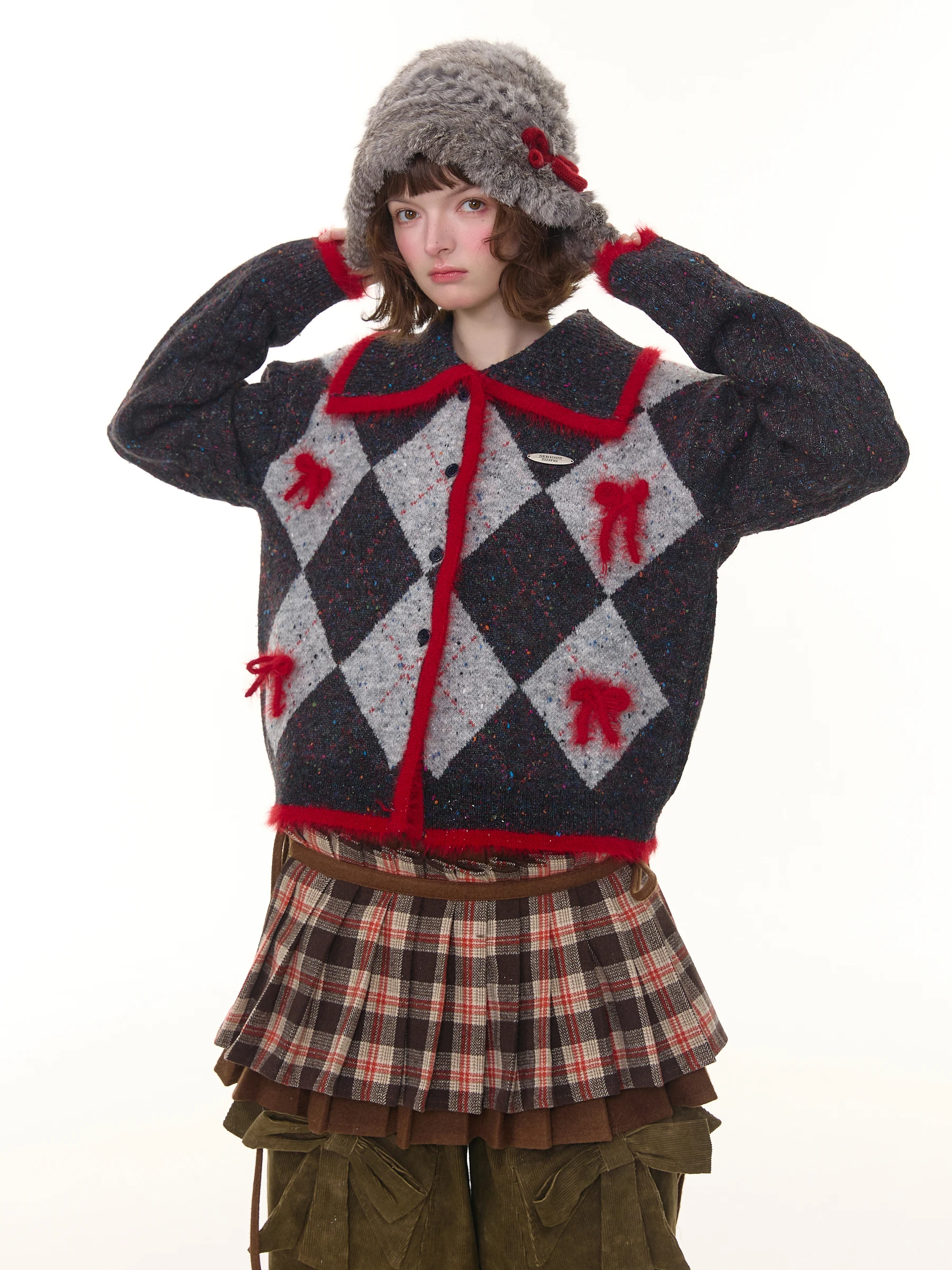 

Осенне-зимний винтажный кардиган-свитер в стиле колледж с воротником-стойкой, узором «ромб» и цветовыми блоками, модный женский.