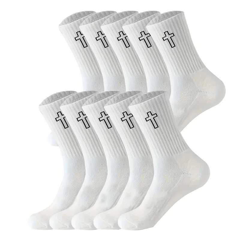 5/10 Paar hochgeschnittene, solide Sportsocken für Herren, atmungsaktive Unisex-Freizeitsocken mit mittlerer Wade, schwarz/weiße Kreuz-Paarsocken für die ganze Saison – Detail 2