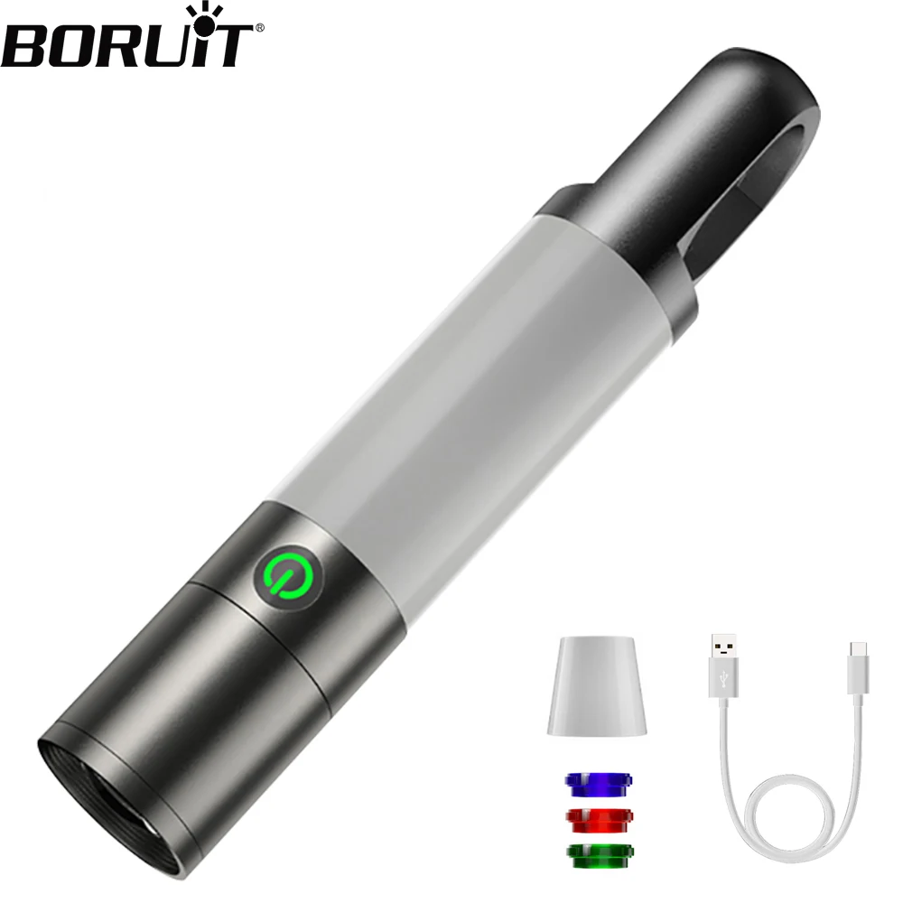 BORUiT Super Bright LED EDC Flashlight with Side Light Type-C Rechargeable Torch Waterproof Magnet Work Light Tent Lantern