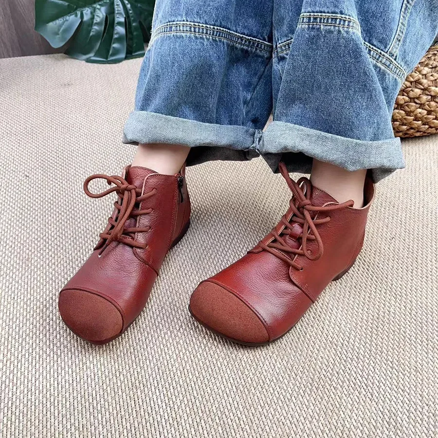 Birkuir Genuine Leather Short Boots For Women 2023 New Spring Autumn Shoes Handmade Elegant Retro Round Toe Lace-Up Ankle Boots