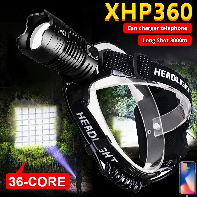 

XHP360 LED Headlamp Zoomable USB Rechargeable Powerful Headlight Camping Fishing 18650 Head Flashlight Waterproof Powerbank Lamp