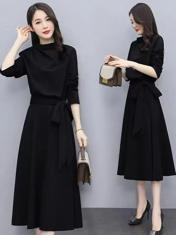 

Elegant High Collar Long Sleeve Thin Women's Dress Autumn Fashion Commute Style Standard Fit A-Line Skirt Home City Walk Tour