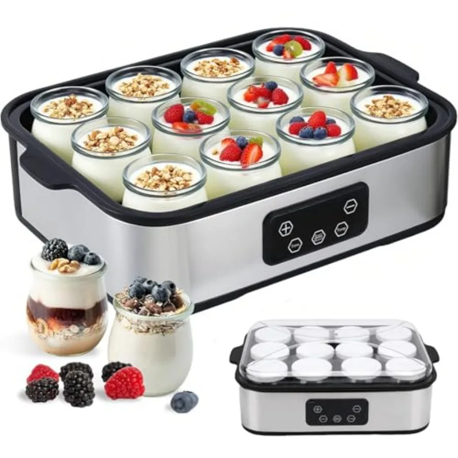 Máquina para Hacer Yogur Automática, 12 Frascos de 180 ml, Máquina Digital para Hacer Yogur, Temperatura Ajustable, Control de Tiempo de 48 Horas para un Yogur Fresco y Casero
