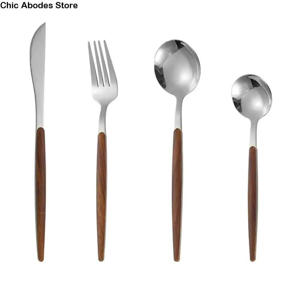 

4/5pcs Stainless Steel Portugal Cutlery Set Gold/Silver Mirror Kitchen Dinnerware Set Imitation Wooden Handle Dessert Tableware