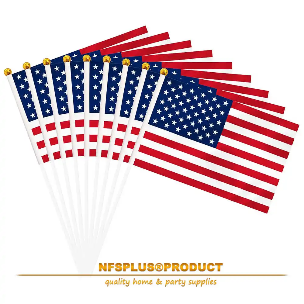 10 Pack American Flags 14x21CM US Banner With Mini Stick Plastic Flagpole Handheld For Home Party Decoration Parades Sports