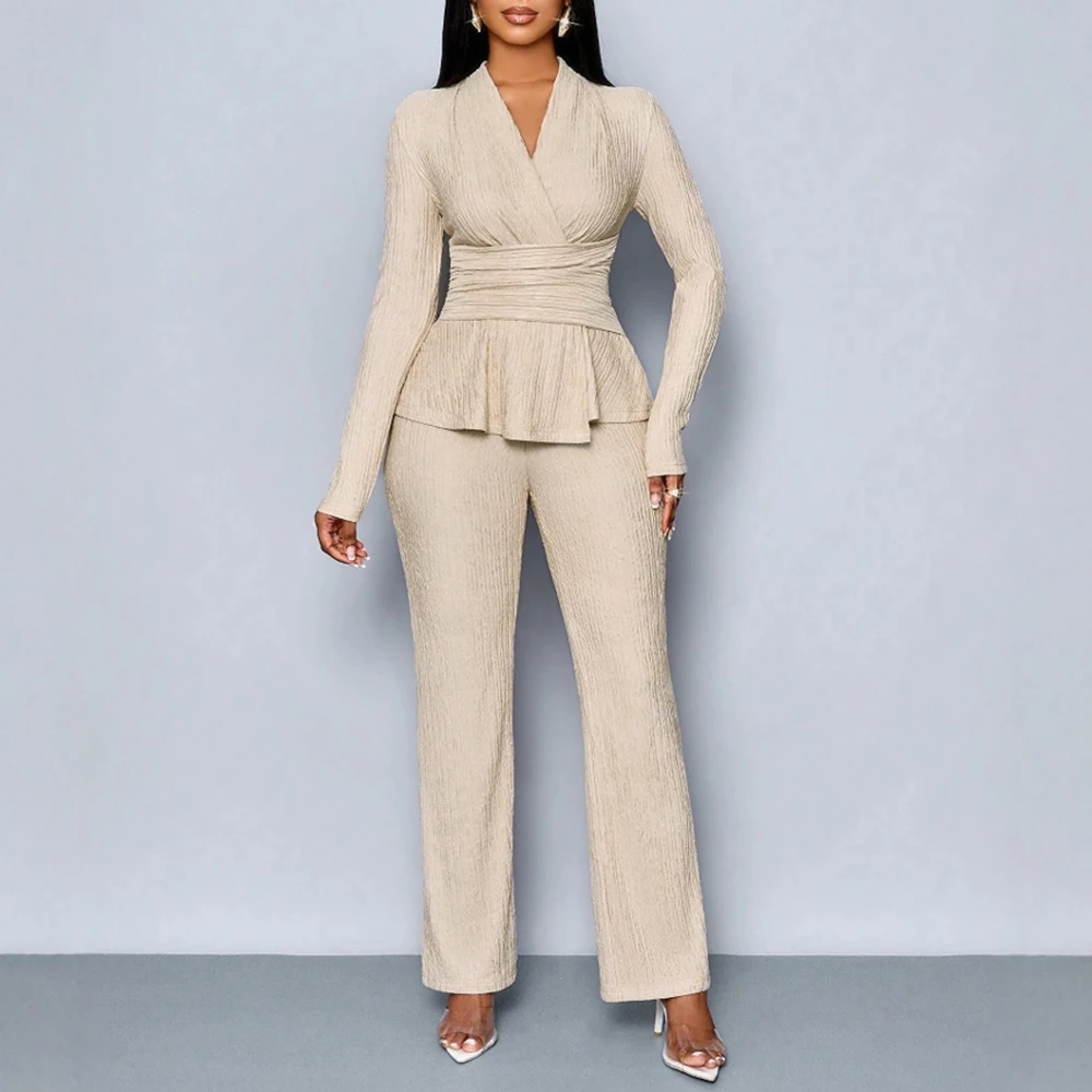 

Mia Muse Women's Sets Autumn Decent Elegant Plain Nipped Waists Cross-Design Long Sleeve V-Neck Ankle Daily Straight Pants Sets