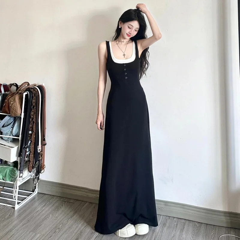 Ins Dresses for Women Summer Ankle-length College Hot Girls Korean Style Fake 2 Pcs Slim Soft High Street Elegant Casual Sexy