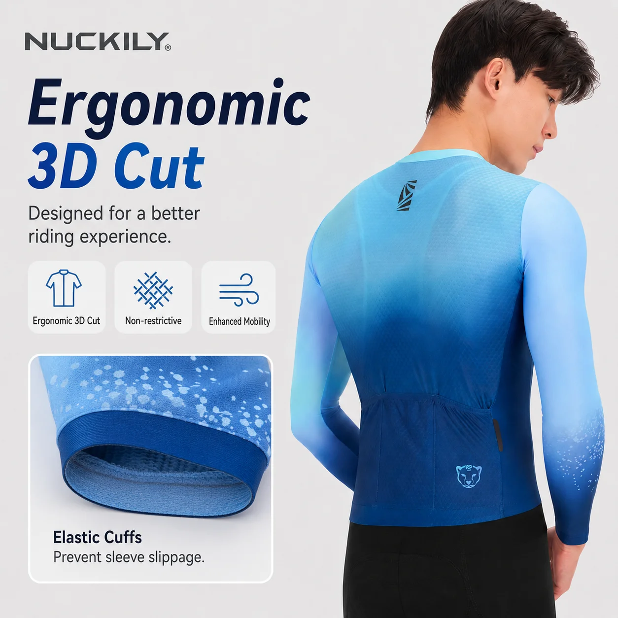 NUCKILY Men Long Sleeve Cycling Jersey Cooling Quick Dry Breathable Road MTB Bike Shirt YKK Zip Rear Pockets Anti Slip Hem view 3