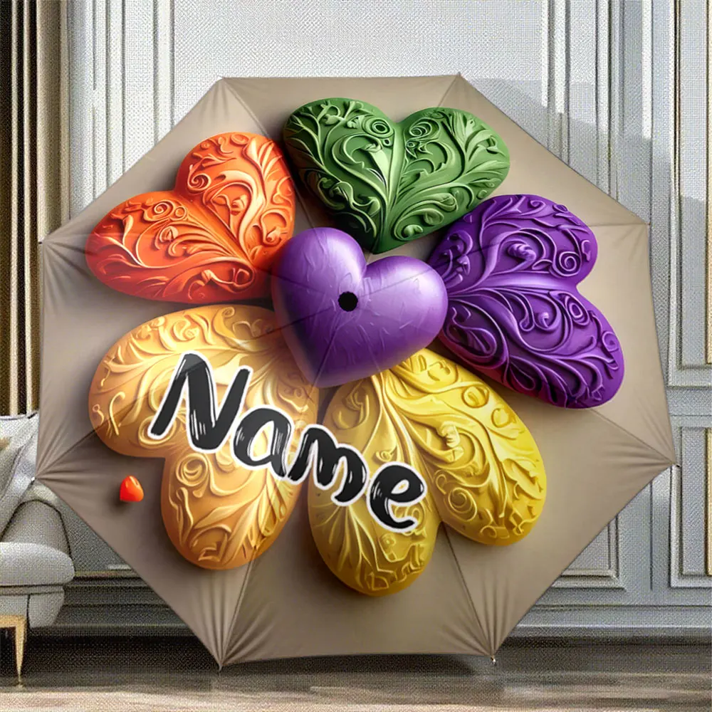 Custom Name Umbrella Colorful Engraved Hearts Design Decorative Umbrella Pattern Portable Folding Umbrella,Christmas Gift