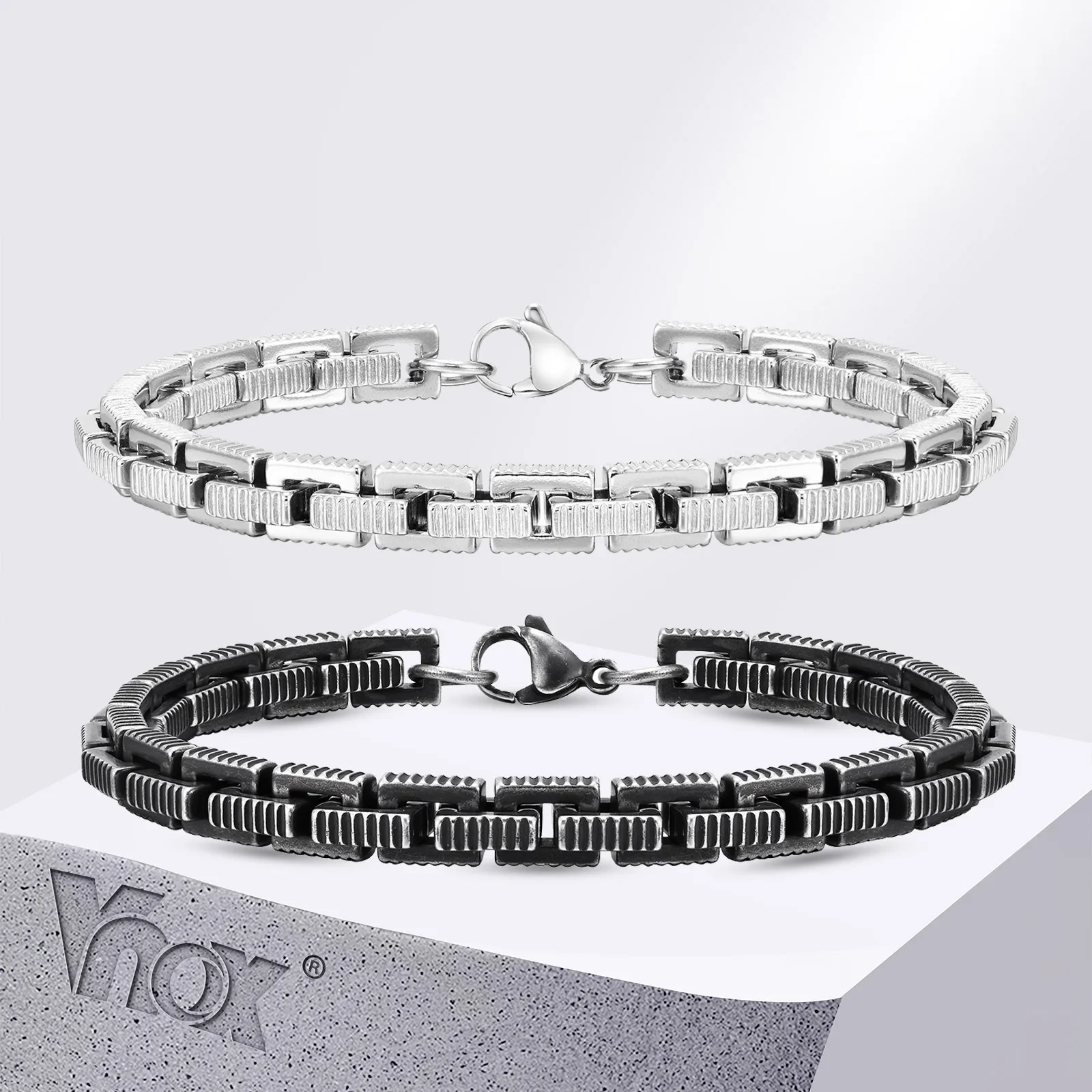 Vnox Heavy Handmade Link Chain Bracelets for Men Women, Antique Oxidized Stainless Steel Geometric Square Anchor Chain Bracelet