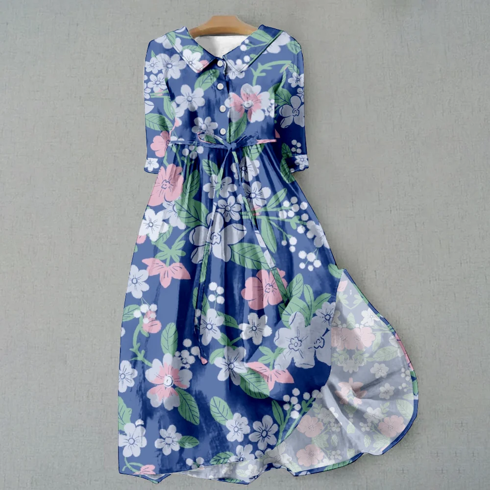 Spring Field Fresh Floral Women's Blue Pink Flower Full Print V Neck Short Sleeve Skirt Big Swing Dress