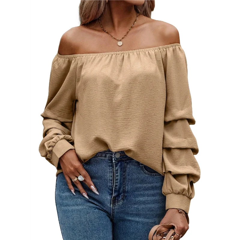 AOAO-여성 오프 숄더 탑 프릴 긴 소매 쉬폰 블라우스 캐주얼 루즈 셔츠