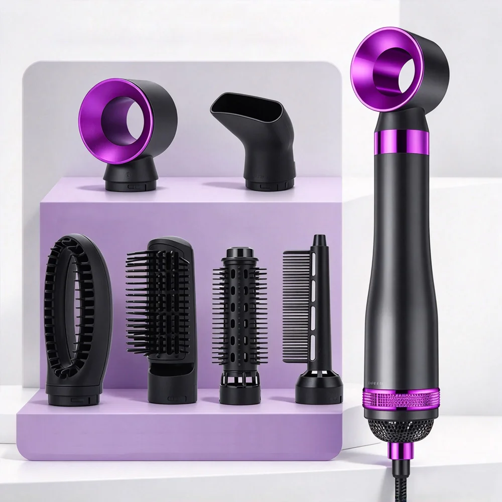 6 IN 1 Hot Air Brush Interchangeable Hair Dryer Brush 3 Speed Temperature Adjustable Fast Drying Straightening Hair Styling Tool