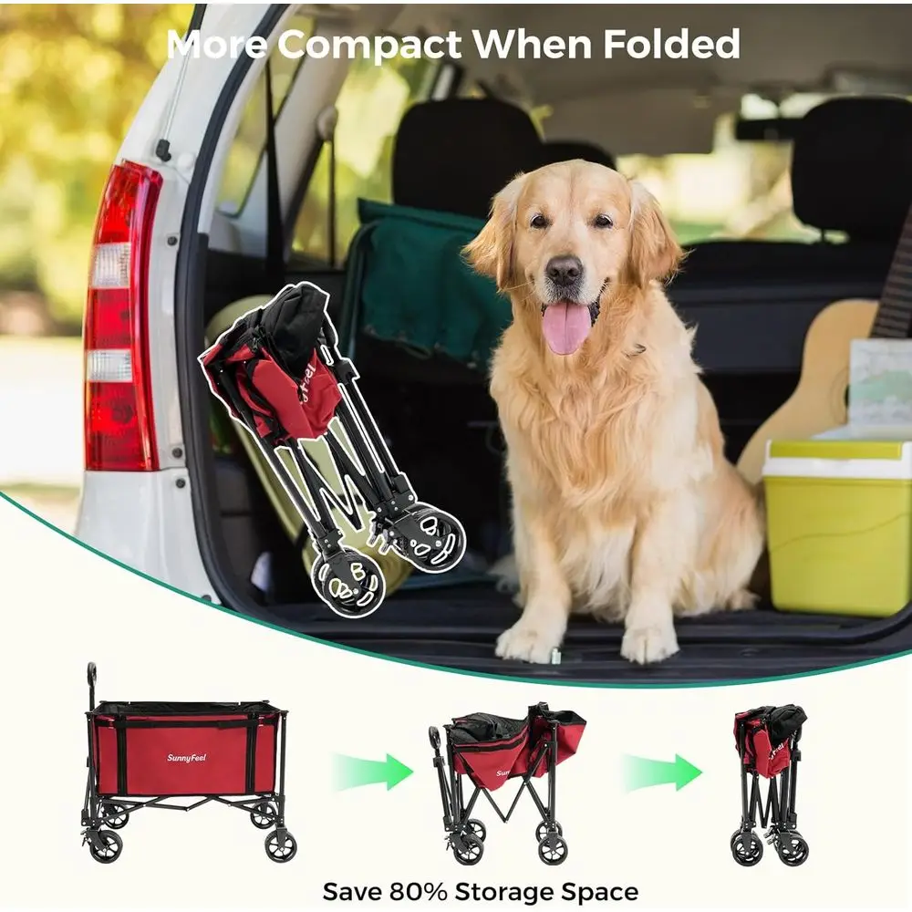 รถเข็นพับได้ รับน้ำหนักได้ 220 ปอนด์ ดีไซน์ไร้ขอบ สำหรับขนของชำ ทำสวน และตั้งแคมป์ สีแดง