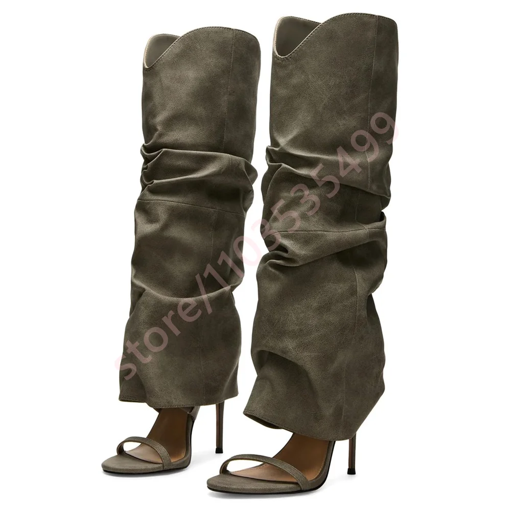 أحذية نسائية عصرية مفتوحة من الأمام بطيات لخريف 2025 نمط Ins جديد نموذج أنيق بكعب ستيليتو بلون سادة أحذية غير رسمية للركبة