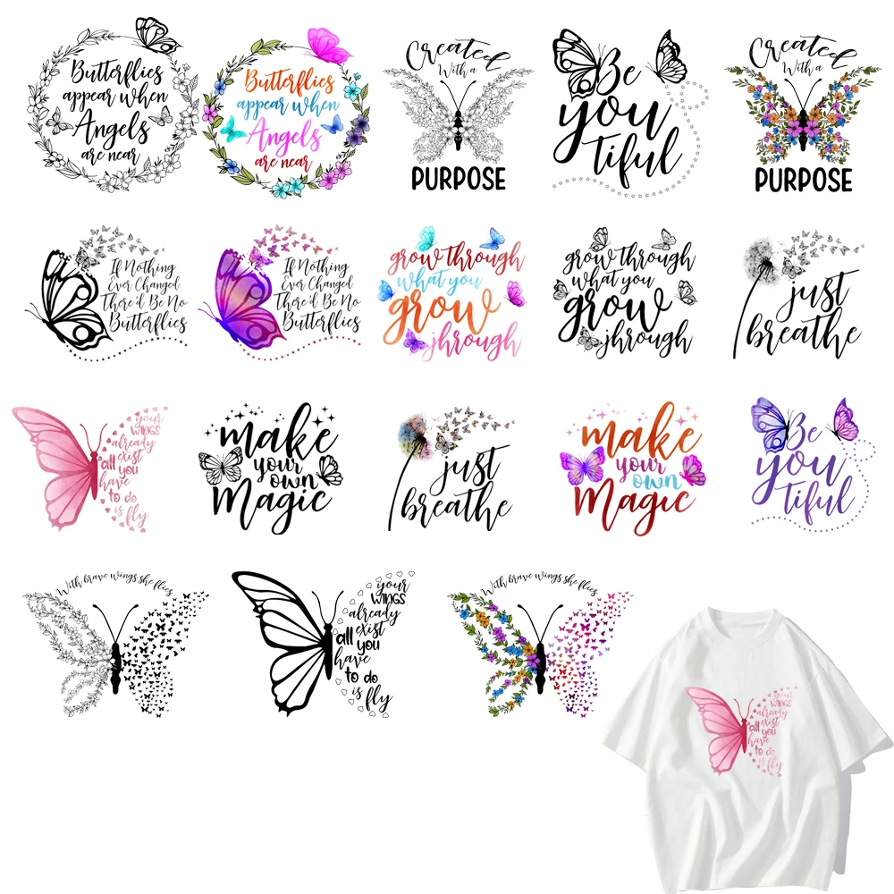 18 types Colorful and fashionable butterfly personalized letters DTF Thermo Sticker Decals Heat Transfer Clothes Clothing Crafts