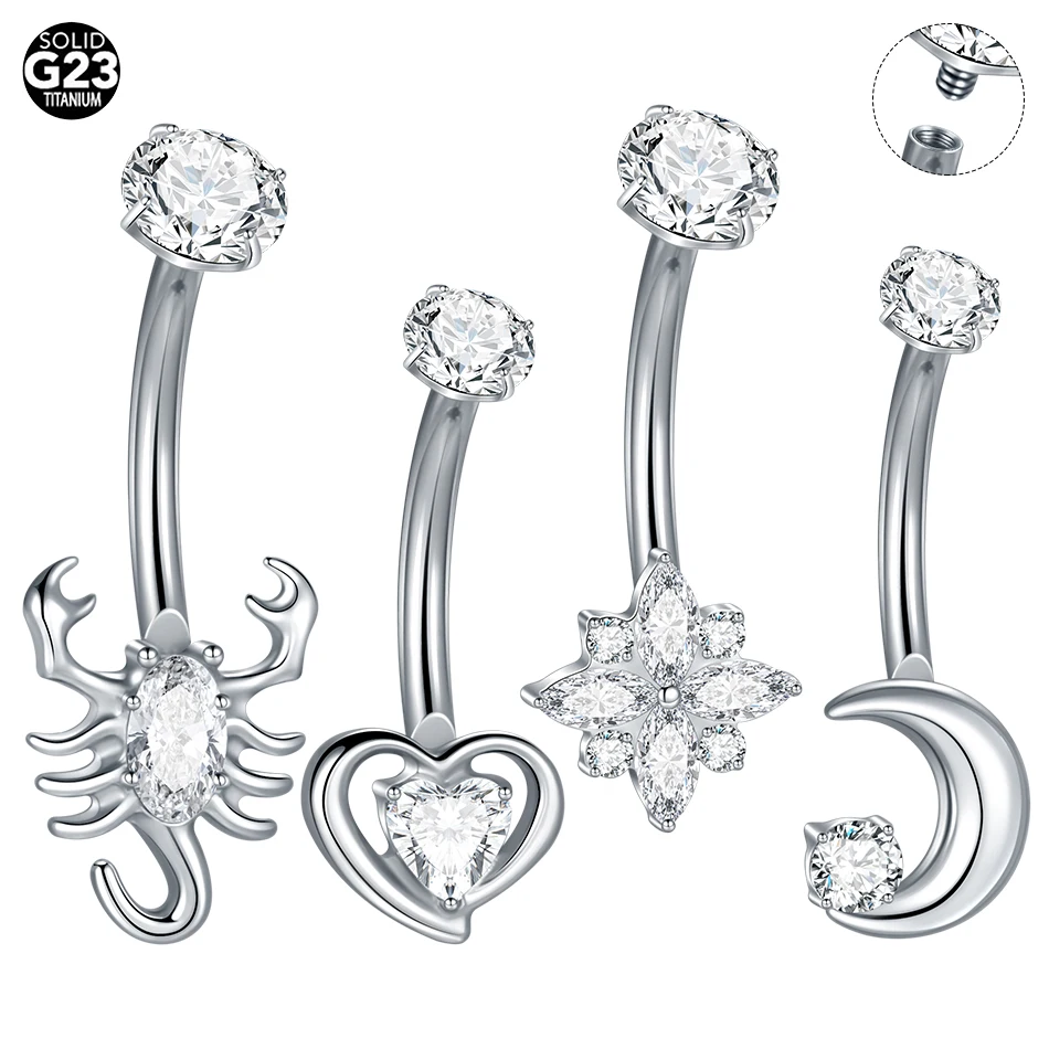 1/5PCS Titanium 14G Dangle Moon Belly Button Rings Marquise Zircon Heart Navel Barbell Piercings Ombligo Body Jewelry for Women