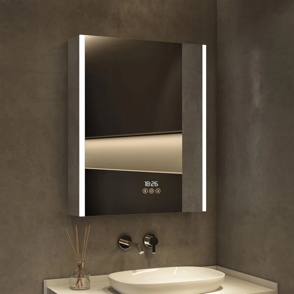 Built-in mirror cabinet with LED lights, clock and temperature, mist eliminator, 3-color mode, socket and USB, dimmer