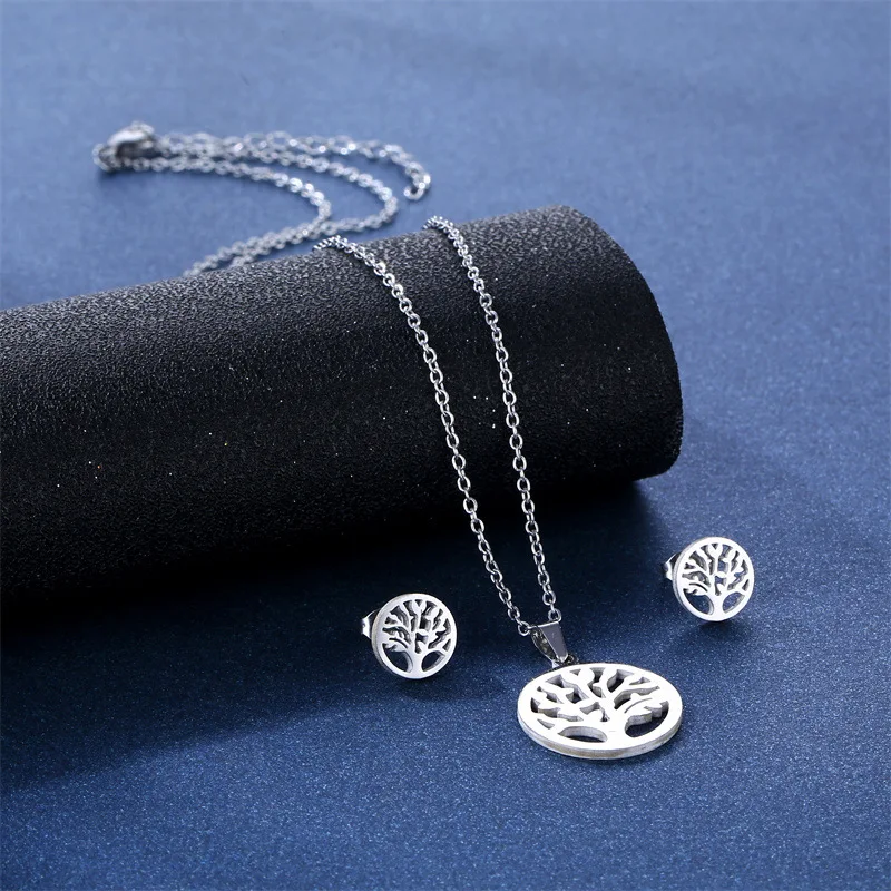 316L Tree of Life Stainless Steel Neck Chain Necklace Earring Set Lucky World Tree Choker Chain Jewelry Sets for Women Girl TZ98