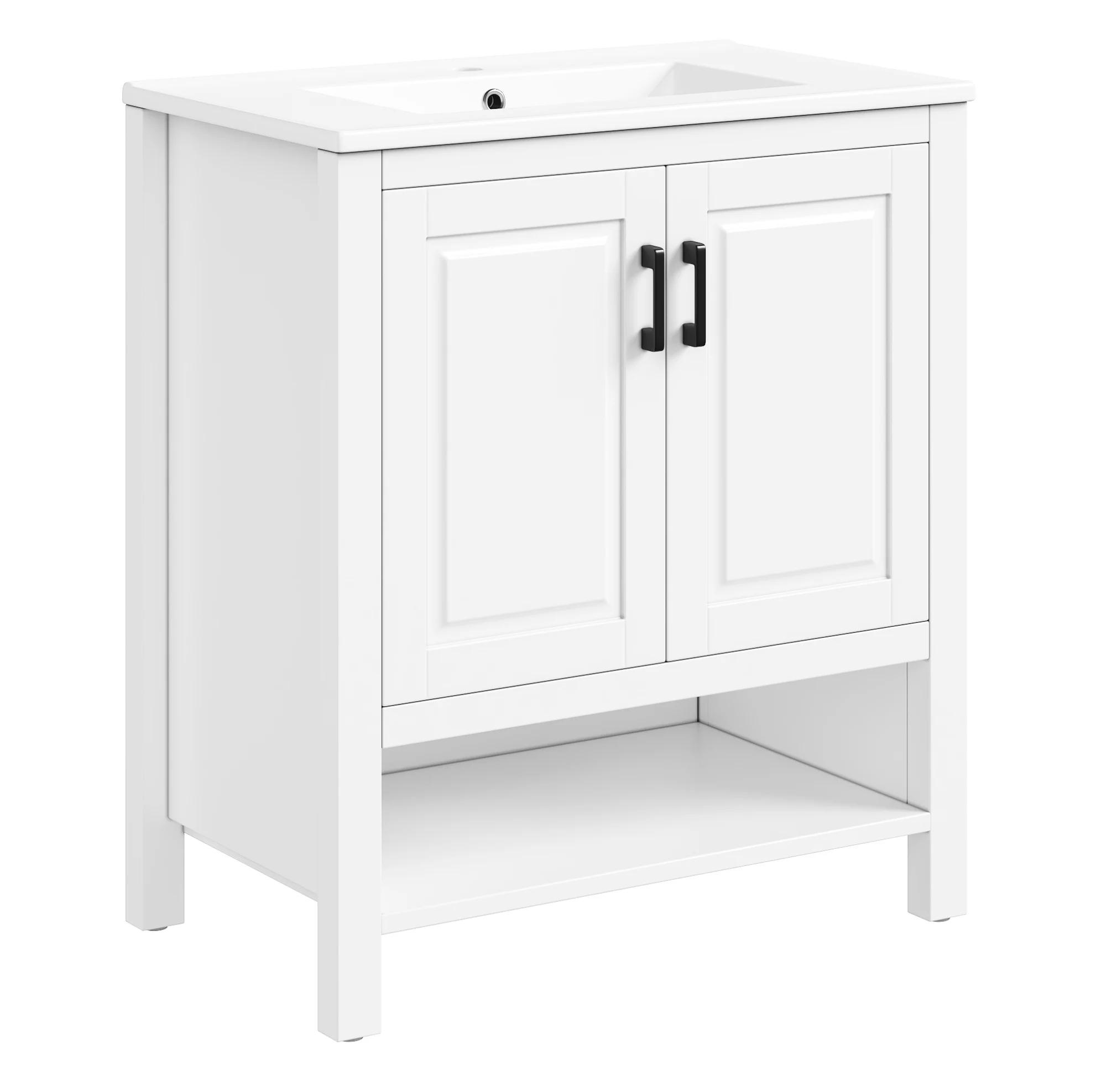 Witte vrijstaande badkamermeubel met keramische wastafel, dubbele deurkast, 76,5 x 47 x 83 cm