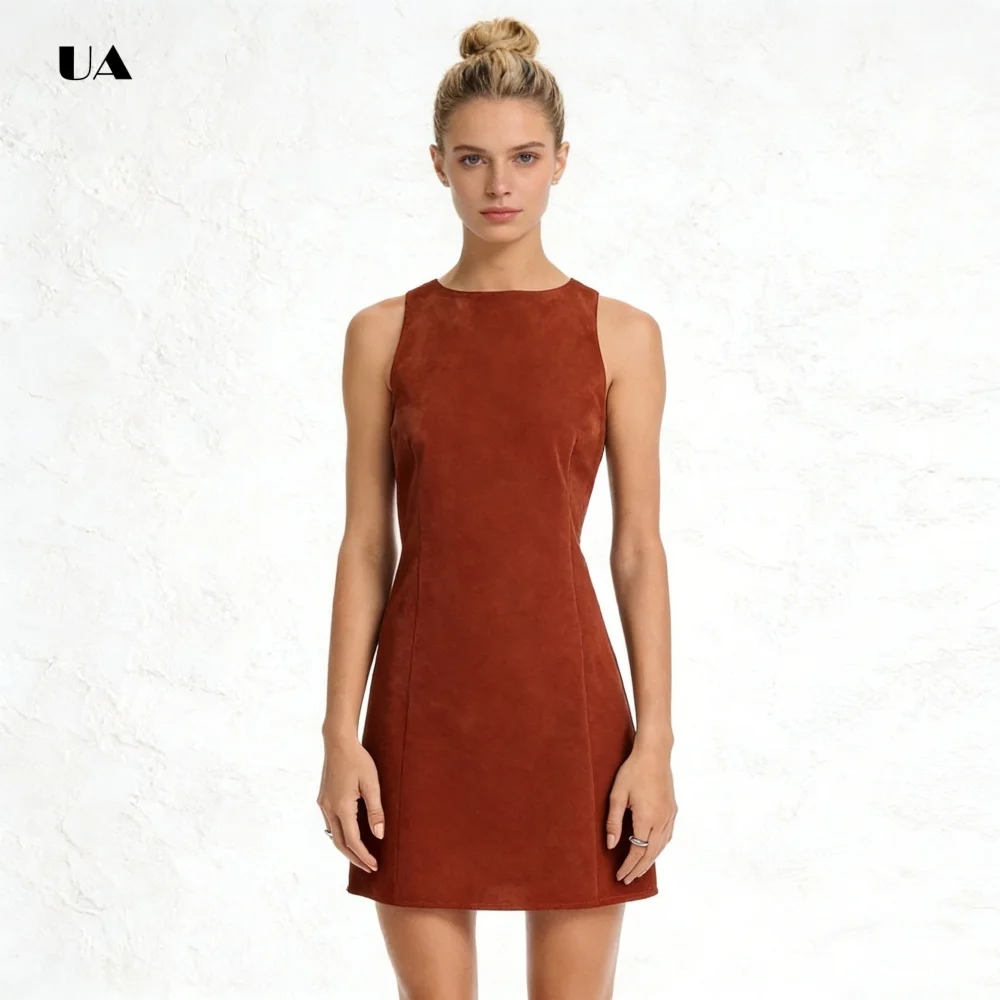 

ULBYANRY Simple Sleeveless Mini Dress, Velvet O-neck Customized Evening Dresses for Women, Basic Solid Cocktail Party Gown