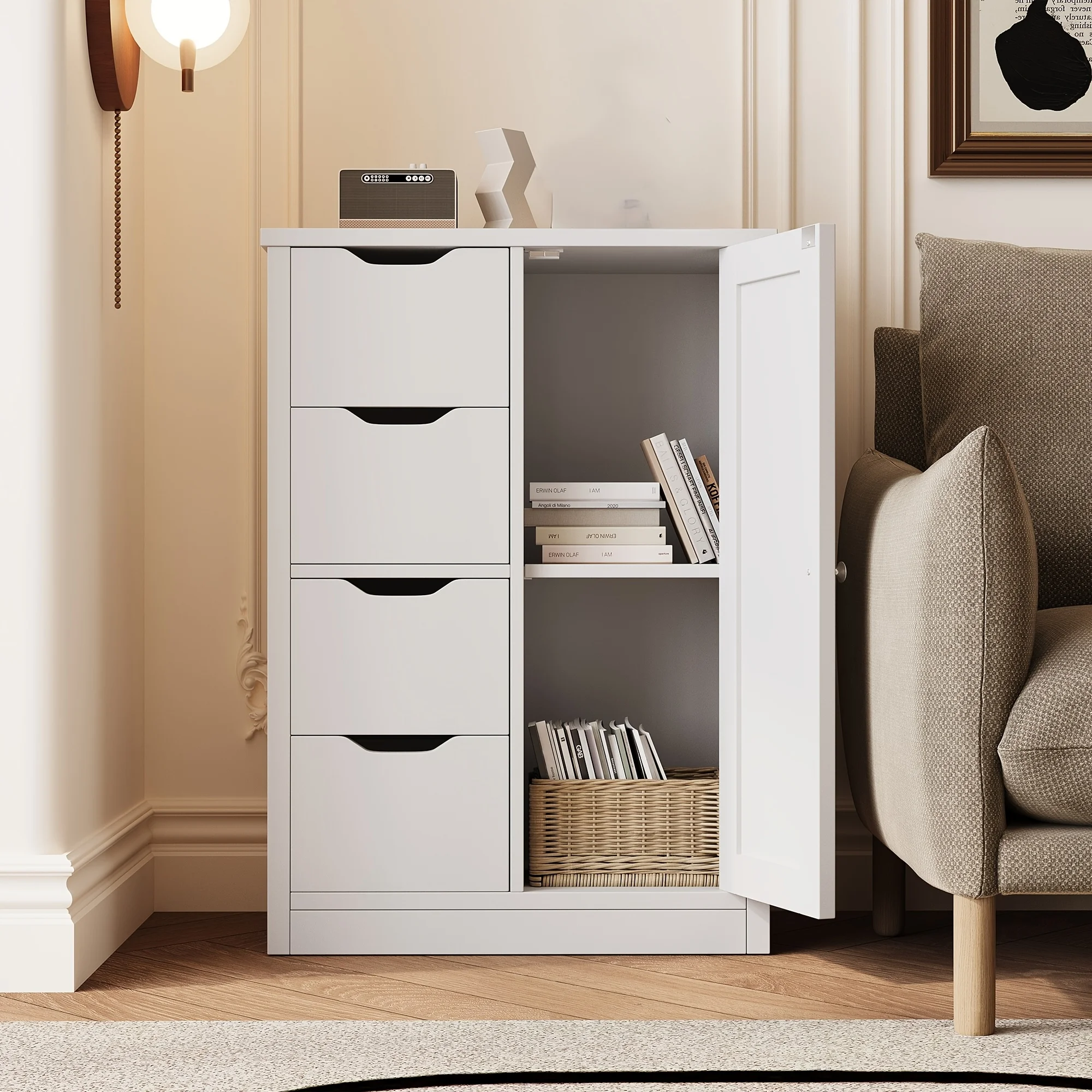 Wooden Bathroom Floor Cabinet, Side Storage Organizer with 4 Drawers And 1 Cupboard, Freestanding Entryway Storage