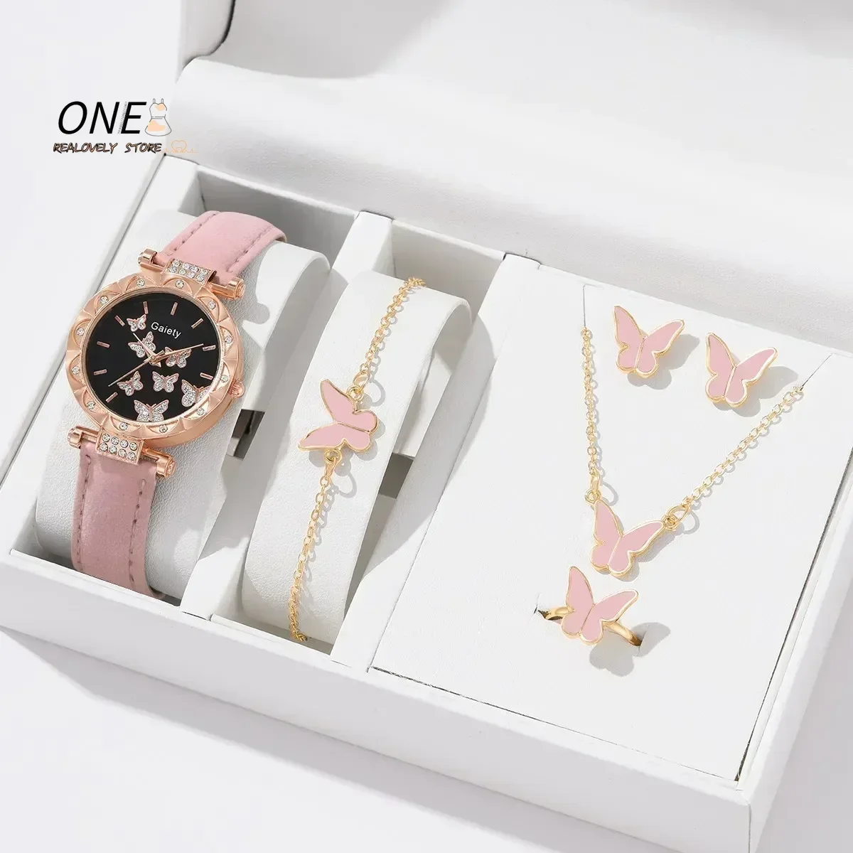 Luxury Watch Women Ring Necklace Earrings Bracelet Set Watches Butterfly Leather Strap Ladies Quartz WristWatch No Box