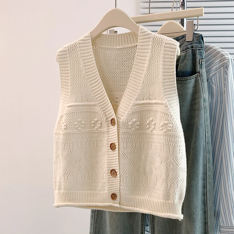 

V-Ne Knitted Open Cardigan Vest Loose Outerwear Thin ort Length Polyester Fiber Pure Color Top for Autumn And Winter