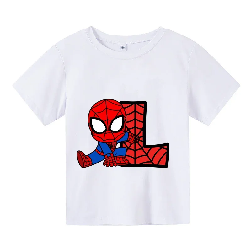 Spiderman T-shirts Cartoon Boys Girls Kids letter L M N Print T Shirt For Children Summer Short Sleeve T-shirt Tops Clothing