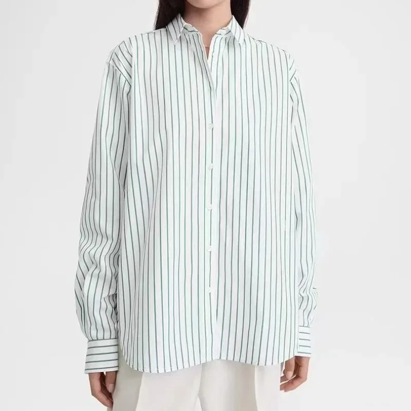 Striped Shirt for Women, Yang Mi\'s Same Striped Embroidered Shirt, Nordic Commuting Style, Early Spring of 2024