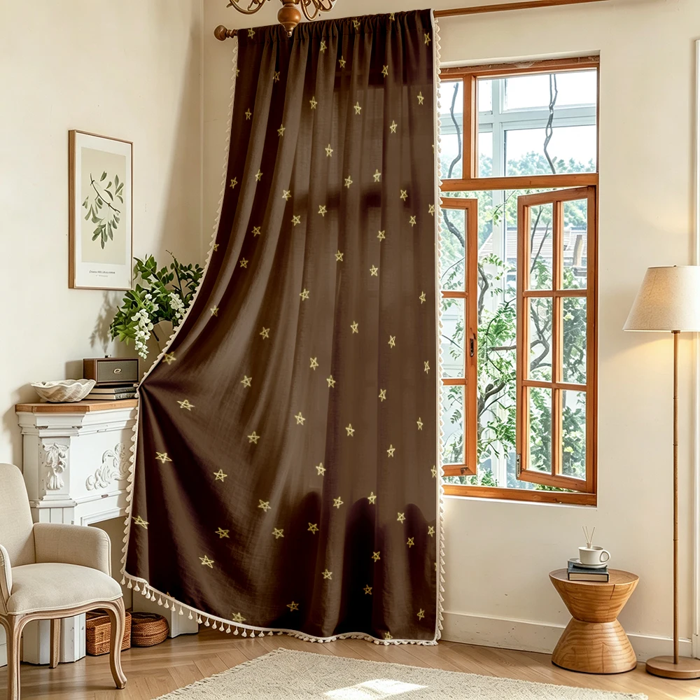 1PC Minimalist Tassel Sheer Curtains, Brown Gold Star, Digital Print, Linen Polyester, Bedroom Living Room, Home Decor