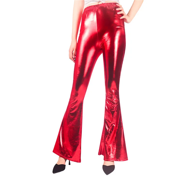 Women Shiny Flare Trousers Laser Metallic Wetlook Ruffle Wide Leg Pants Retro 70s Disco Hippie Club Trousers Skinny Bell Bottoms